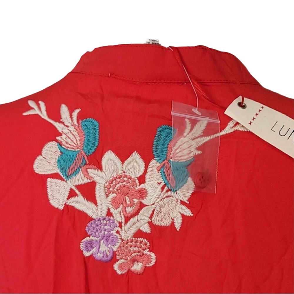 Vibrant Red Floral Embroidered Swim Coverup - Picture 7 of 7